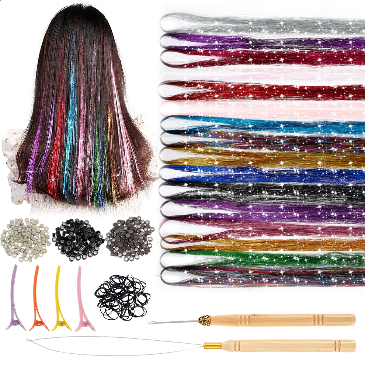 Willkey 16/17 Colors Hair Tinsel with Hair Tinsel Kit Glitter Hair
