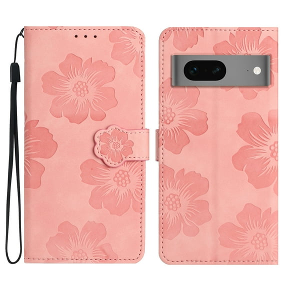 SaniMore Case for Google Pixel 7 6.3" 2022, [Card Slots + Cash Pocket + Removeable Wrist Strap] PU Leather Embossed Flower Flip Kickstand 360° All-around Protective Wallet Shell, Pink