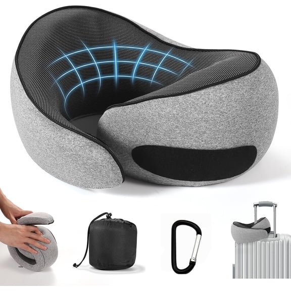 Wrongduck Travel Neck Pillow, 100% Pure Memory Foam Airplane Pillow with 360 °   Support, Breathable Cover and Chin Wrap, Compact Stowable Design, Dark Grey