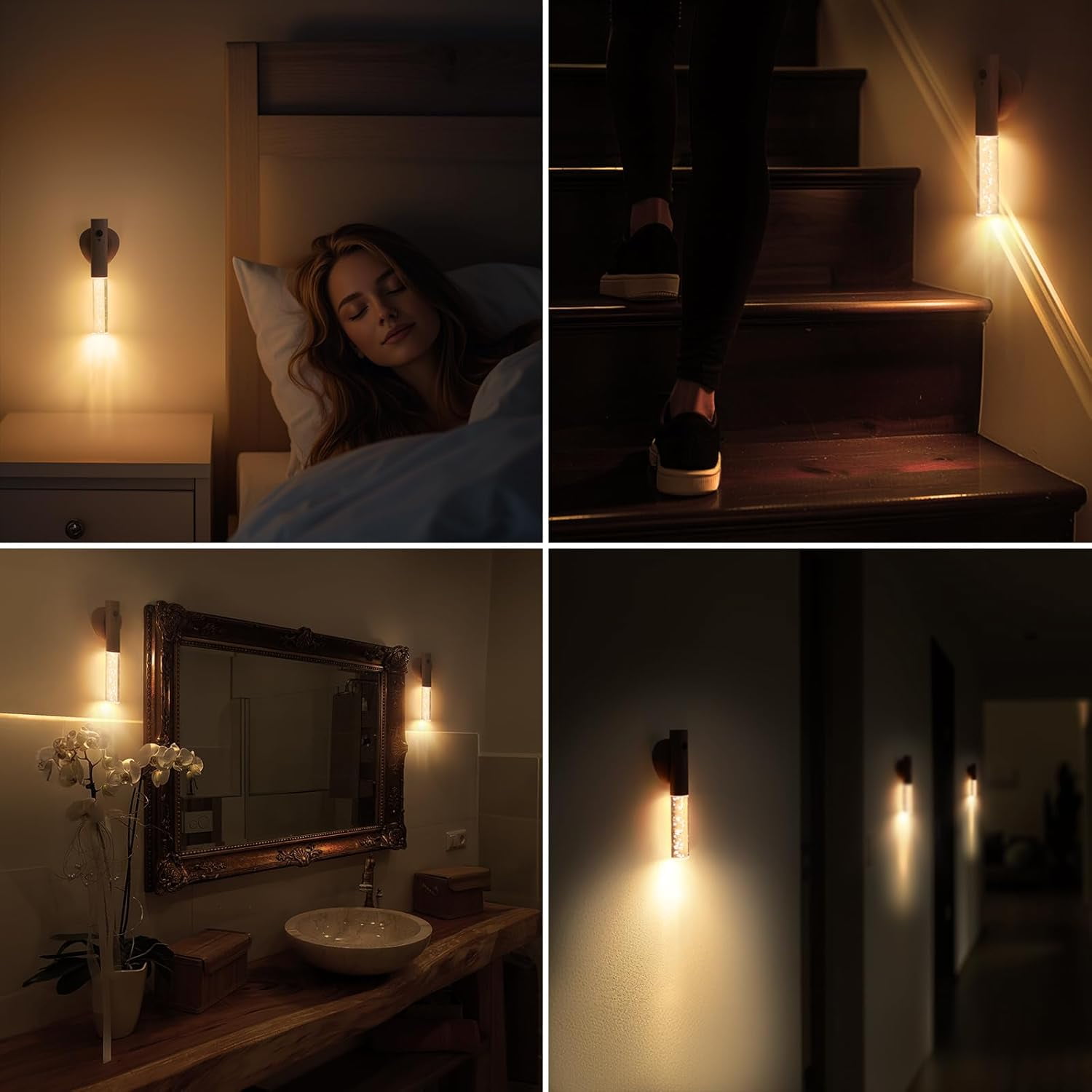 Motion Sensor Night Lights Indoor, Rechargeable Night Lights Wall Sconces Wooden Set of 2, Battery Powered Magnetic Wall Sconces Decor for Bedroom, Hallway, Bathroom, Stairway, Closet
