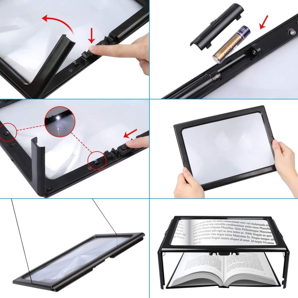 Innovative Hands Free Magnifier, Full Page Magnifying Glass with Acrylic Lens, Foldable Legs for Stable Reading, Portable Magnifier with Wide Reading Area for Hobbyists and Readers