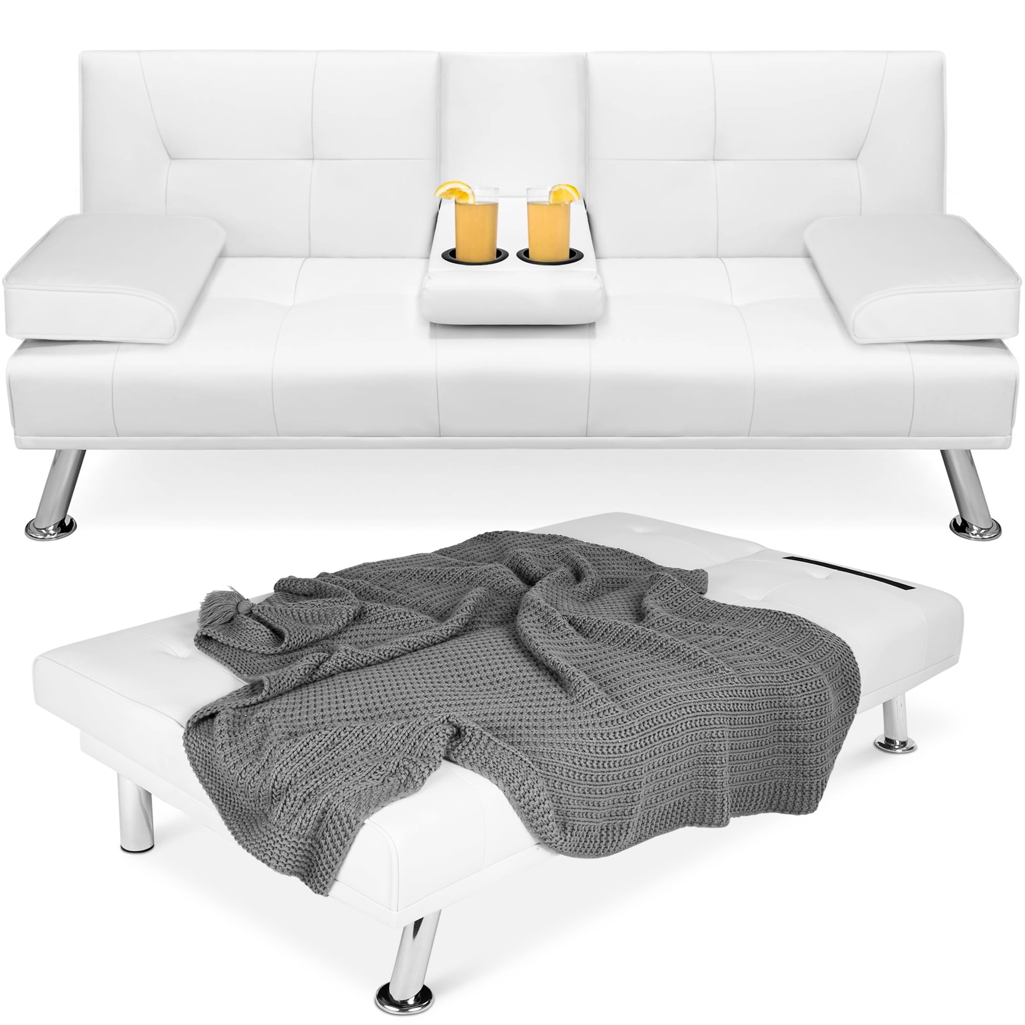 Faux Leather Convertible Futon Sofa, Modern White Leather Sofa With Chrome Legs