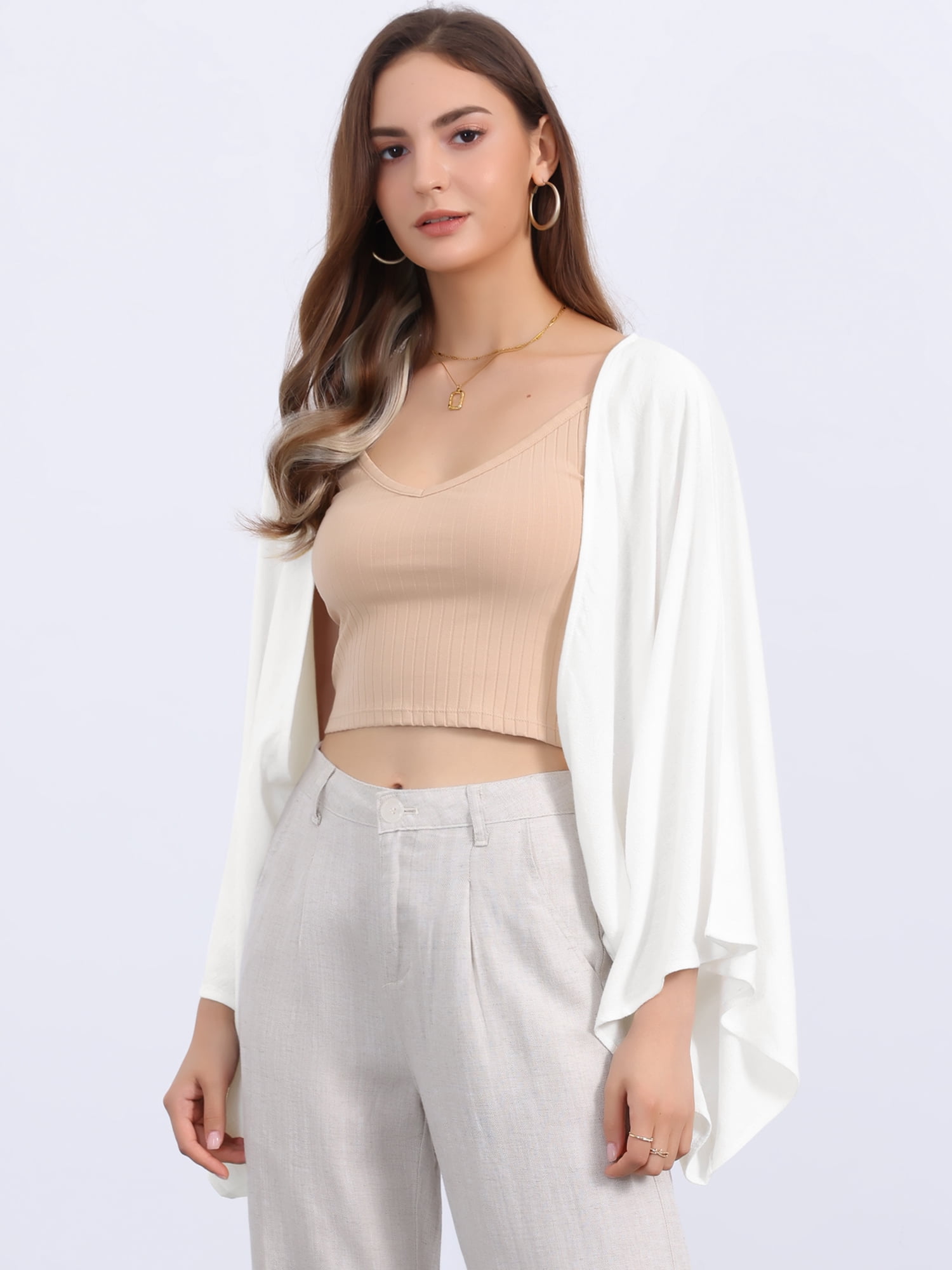 DARING DIVA Women's Linen Cardigan 3/4 Sleeve Open Front Lightweight Shrug S White