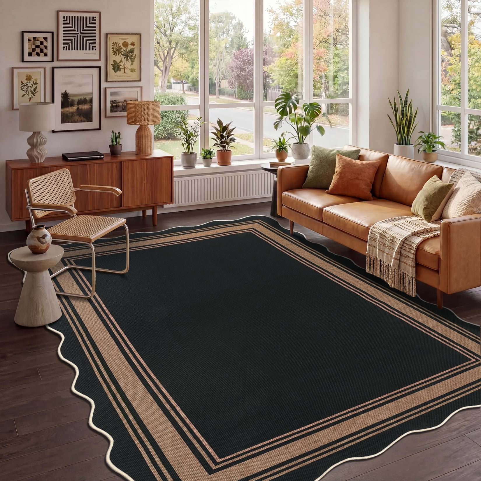 Garvee 5'x7' Scalloped Washable Indoor Outdoor Rug Natural Jute Carpet, Non Slip Low Pile Rug for Patio, Living Room, Bedroom, Home Decor, Black Coffee