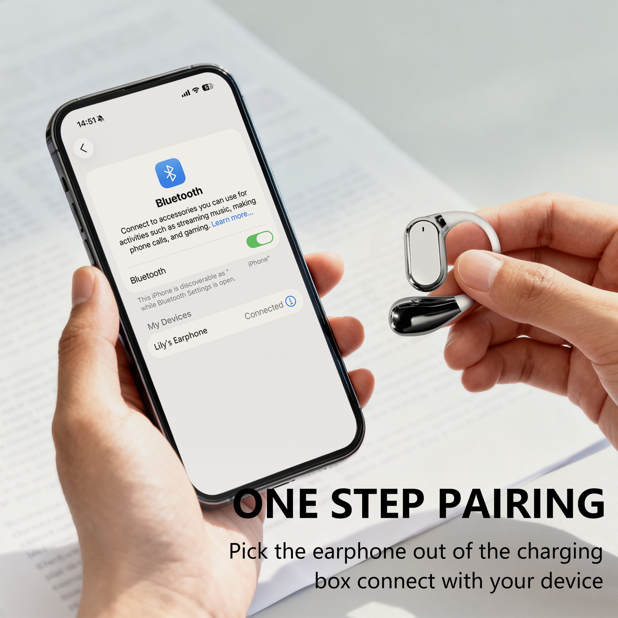 True Wireless Stereo Earphone, Open Ear Touch Control Bluetooth Headphone with Earhook, Type-C Charging Earphone for Meeting/Travel/Video/Game, White