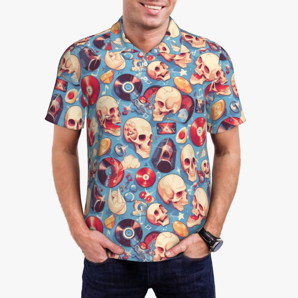 Balery music Skull record Retro Camisa Polo de Hombre con Estampado, de Manga Corta y Tejido Medio, Camisa Tipo Golf Polo-Large