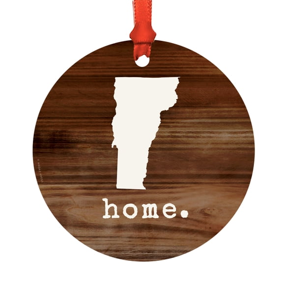 US State Round Metal Christmas Ornament, Rustic Wood Print, Vermont, Includes Ribbon and Gift Bag