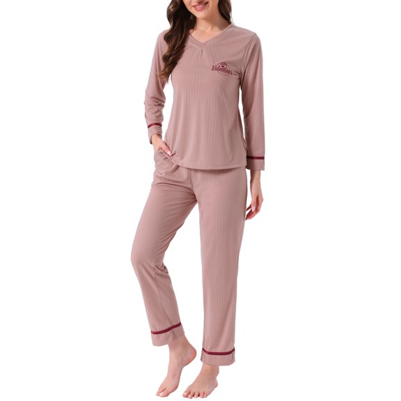 DARING DIVA Women's Cotton Ribbed Pullover V-neck Tops with Bottoms Pajama Sets XS Pink