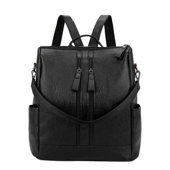Mochila de piel auténtica para mujer, bolso de hombro grande e informal, color negro