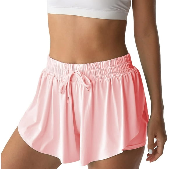 Shorts de Sport pour Femmes Court de Tennis Shorts de Papillon Filles 2-en-1 Double Couche à Séchage Rapide Shorts Confortables Rose Pâle X-Small