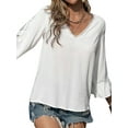 thumbnail image 4 of Xuanfei Women Solid Color V Neck Crochet Cutout Ruffle Flare Sleeve Top, 4 of 6