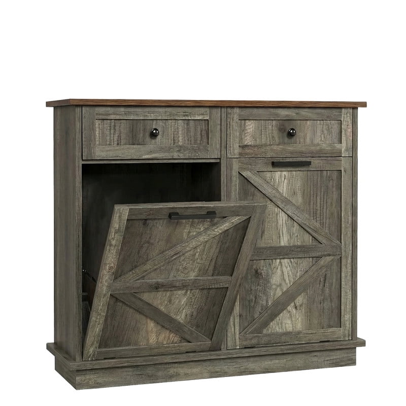 39''W Tilt Out Trash Can Storage Cabinet with 2 Drawers, Farmhouse Kitchen Island with Double 10-Gallon Trash Hidden Cabinet