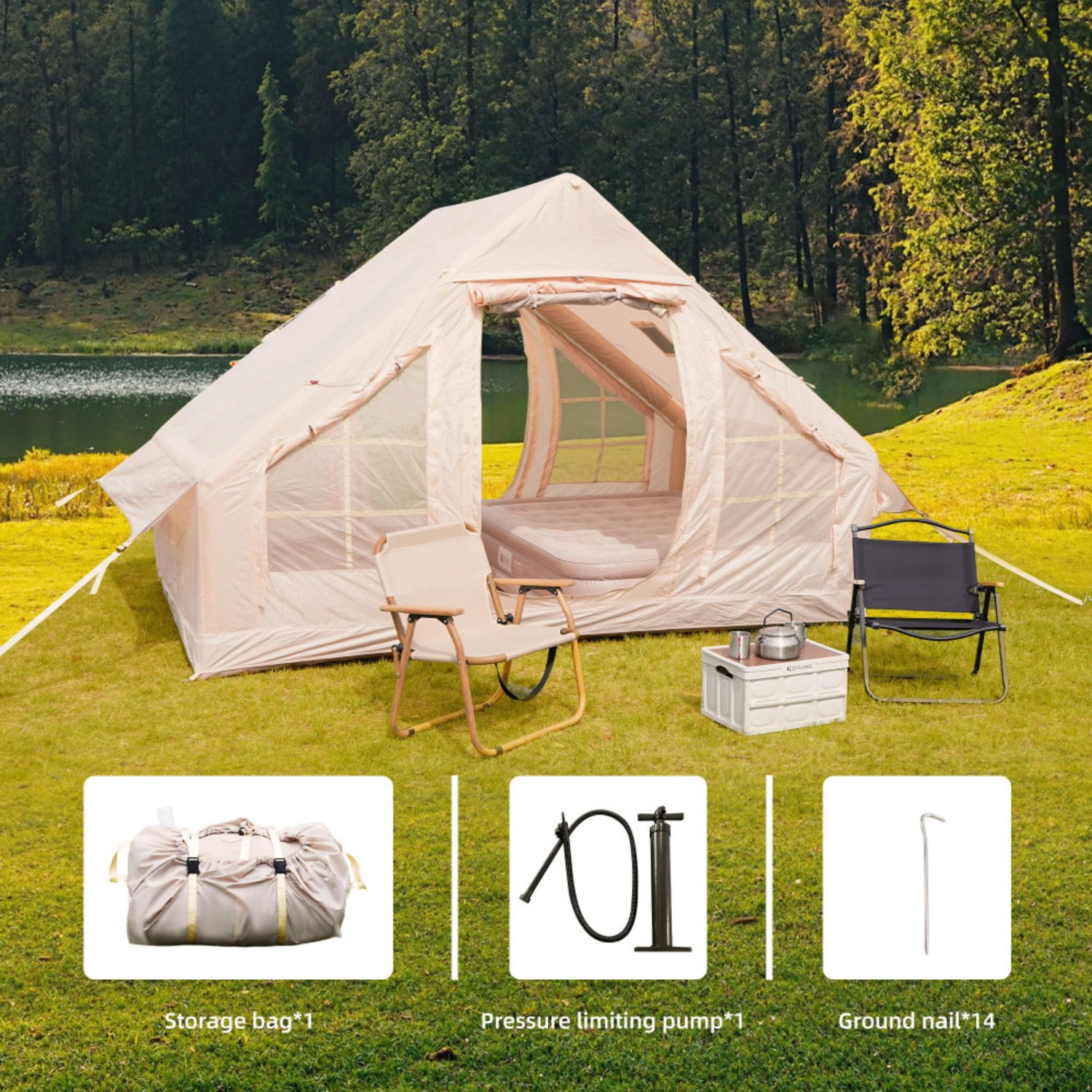 Inflatable Camping Tents with Hand Pump, Air Glamping Tents, Easy Setup Waterproof and Windproof Blow up Tent, 4 Seasons Oxford Cabin Tent with Mesh & Chimney Window.