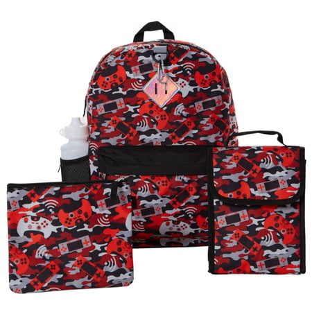 RALME Red Camo Gaming Backpack Set for Boys, 16 inch, 6 Pieces - Includes Foldable Lunch Bag, Water Bottle, Key Chain, & Pencil Case