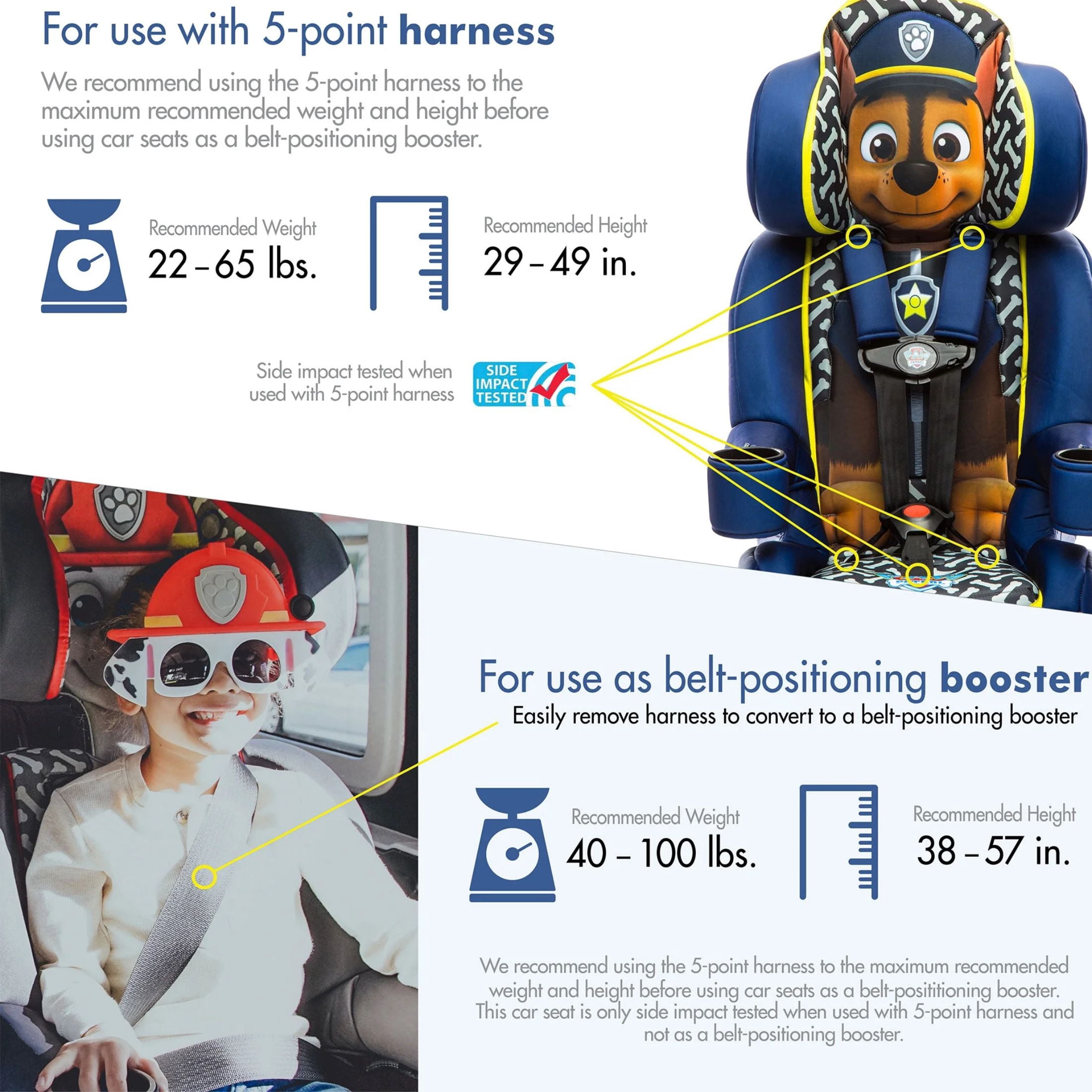 KidsEmbrace Chase Paw Patrol 2-in-1 Combination Harness to Booster Car Seat, Forward-Facing Harness, Booster, Multi-Position Headrest, Toddler