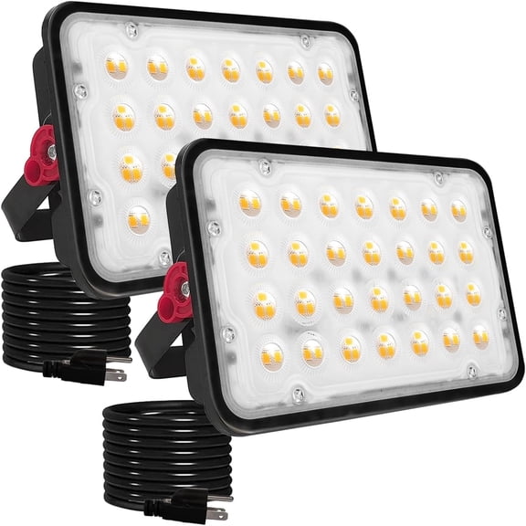 INDMIRD 2 Pack 50W LED Flood Lights Outdoor, 3000K Warm White Plug in Flood Light, 5000LM Super Bright Security Lights Work Light, IP66 Waterproof Floodlight for Basketball Court, Yard, Garden