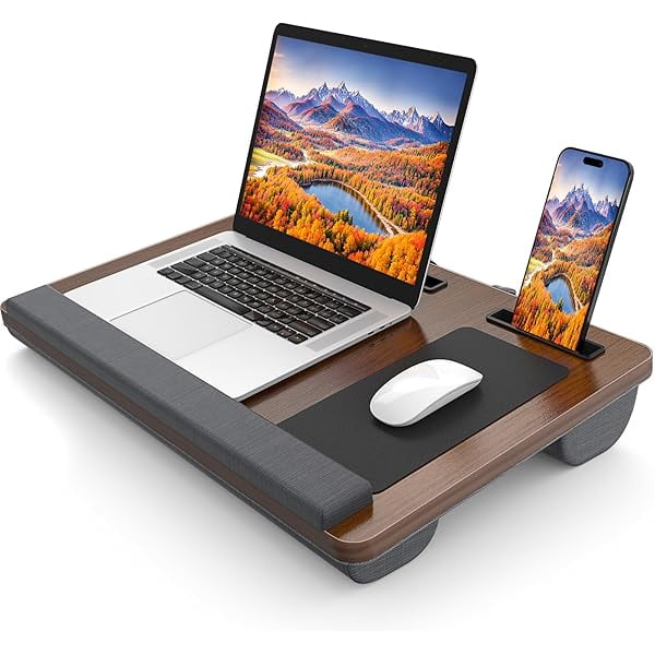 Bureau de Genoux pour Ordinateur Portable, Grand Bureau Portable pour Lit, Table de Genoux jusqu'à 17 Po avec Repose-Poignet, Tapis de Souris, Fente pour Tablette et Téléphone, Poignée Portable, Plateau de Genoux avec Coussin (Brun Foncé) Brun Foncé