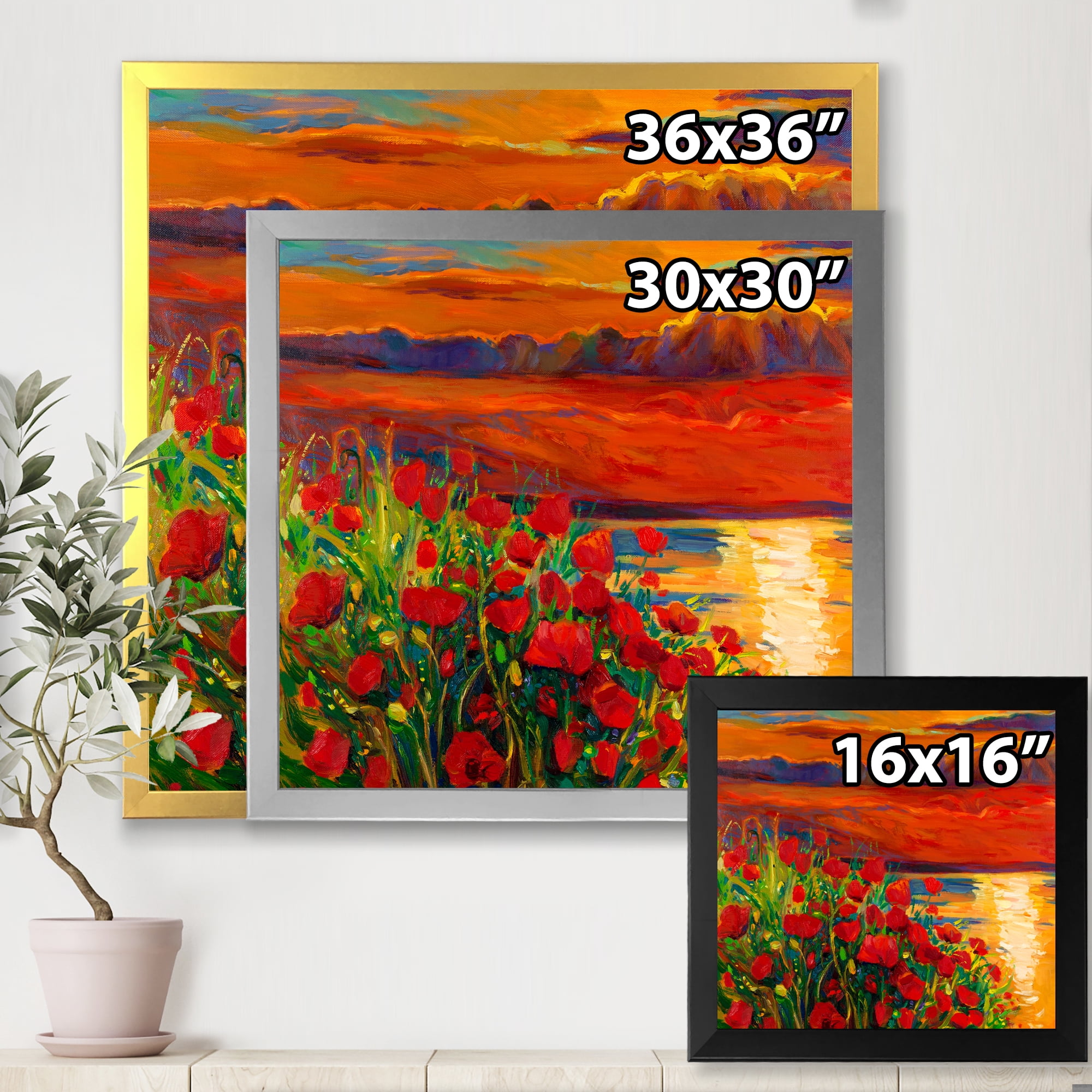 Red Poppies By The Ocean During Evening Glow 16 in x 16 in Framed Painting Canvas Art Print, by Designart