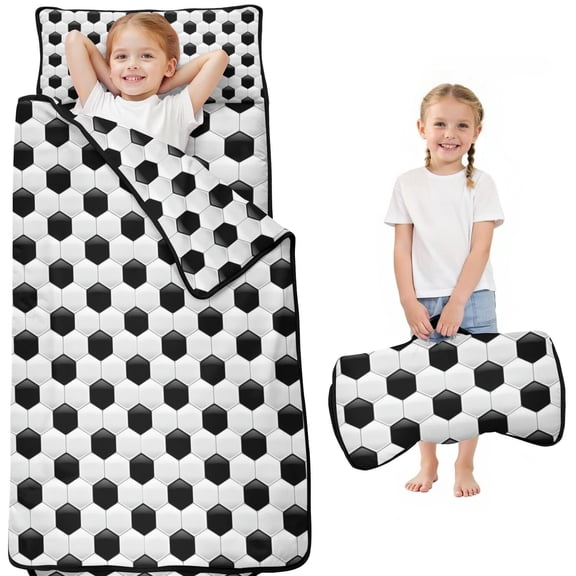 Black White Soccer Pattern Toddler Nap Mats for Kids Preschool,Sleeping Mat Bag or Kids,Toddler Sleeping Bag,Toddler Nap Mat or Daycare