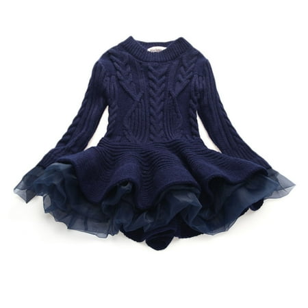

Honeeladyy Winter Coats Toddler Kids Baby Girls Knitted Sweater Winter Crochet Dress with Tulle Pullover Navy Sales