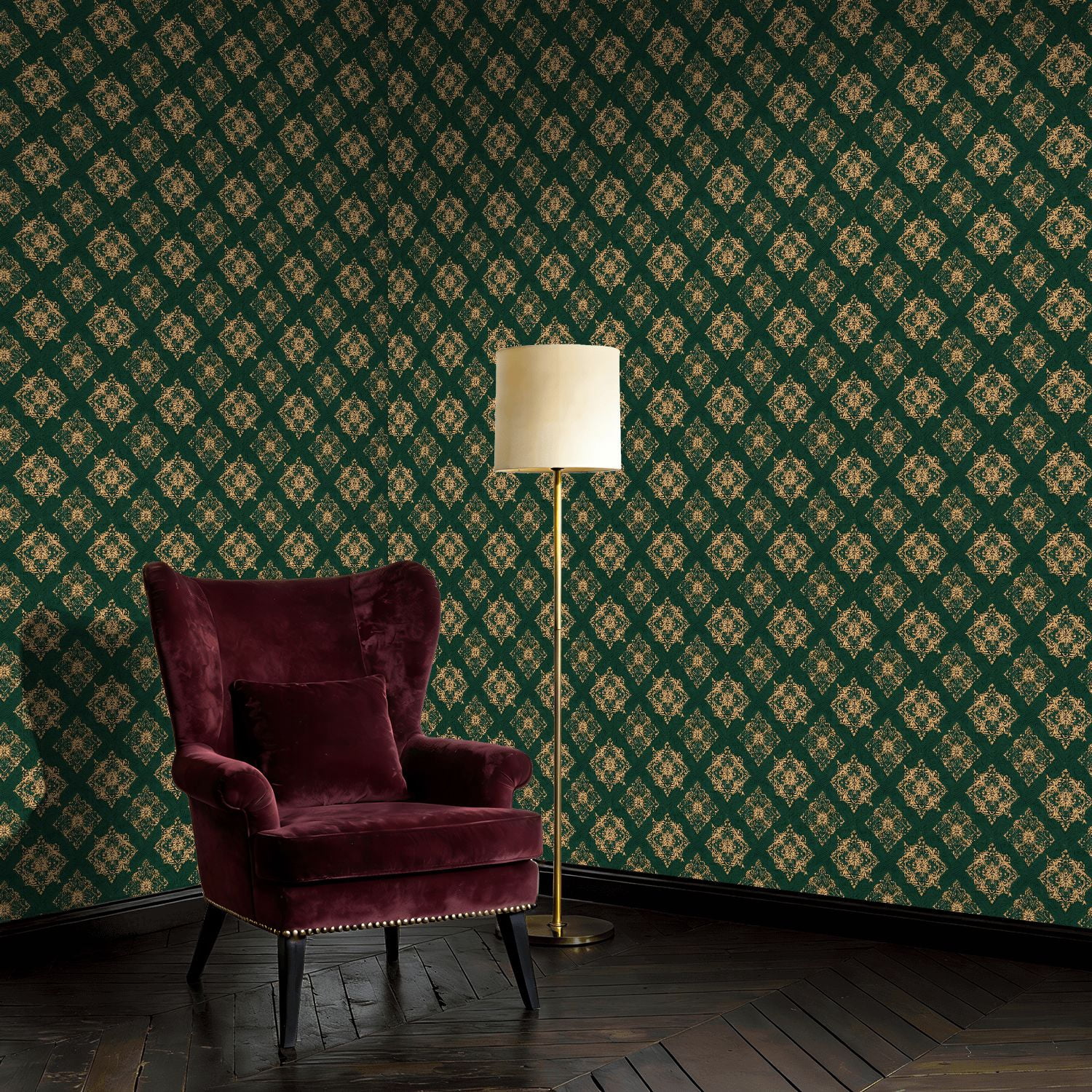 Peel and Stick Wallpaper Baroque Vintage Floral Damask Green Gold Accents Wall Mural 17.7in x 9.8ft Self Adhesive Removable Wall Paper Renter Friendly Wallpaper for Nursery Bedroom Cabinets