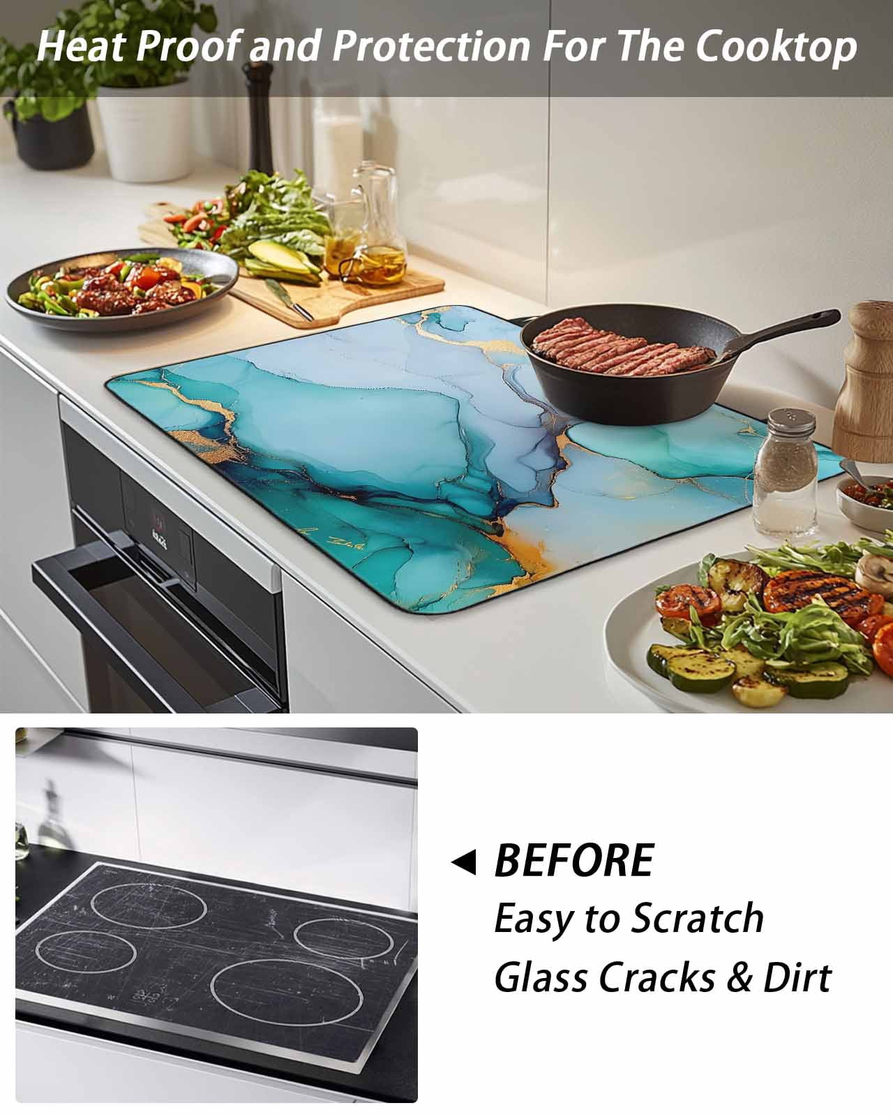 Stove Top Covers for Electric Stove, Turquoise Marble Glass Stovetop Cover Protector, Abstract Green Modern Luxury Cracks Induction Cooktop Protector Oven Mat for Kitchen Countertop 24"x21"