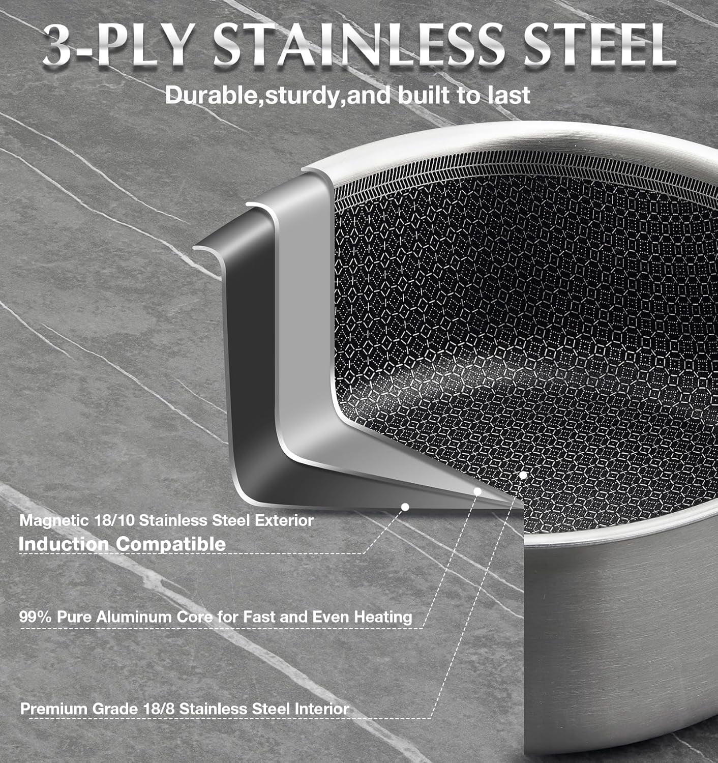 Koch Systeme CS Triply Stainless Steel Cookware Set 10 Piece, Nonstick Hybrid Kitchen Pots and Pans Set with Honeycomb Interior, Induction Compatible