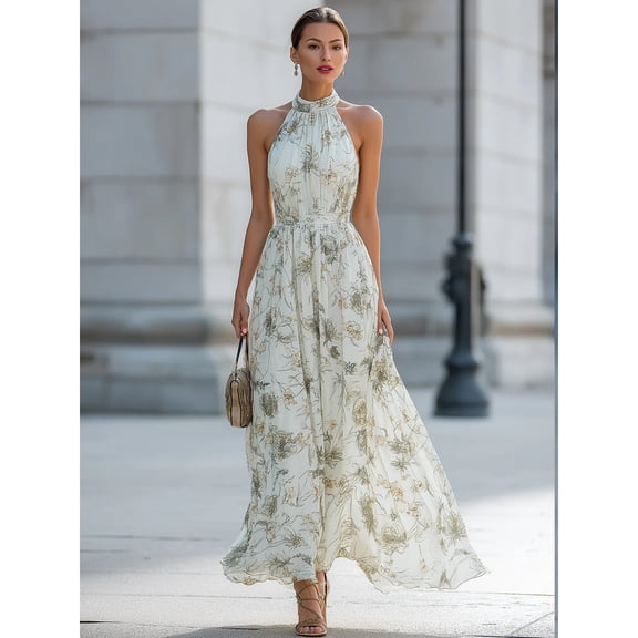 2026 Elegant Halter Neck Floral Maxi Dress for Women, Sleeveless Chiffon Flowy Long Dress, Summer Beach & Party Wear