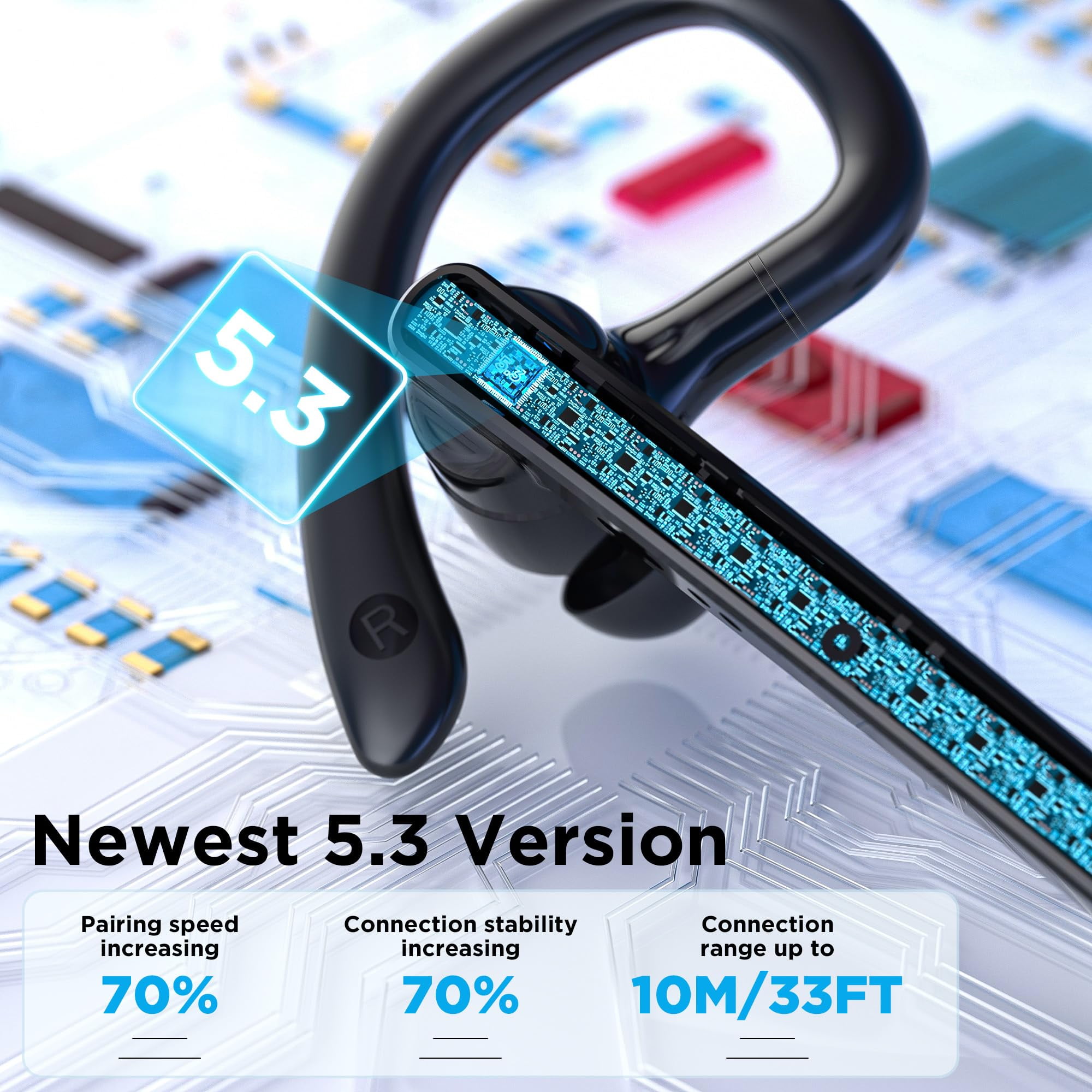 TERUNSOUl Bluetooth Headset V5.3 w/ 600mAh Case 110H Playtime, Mic