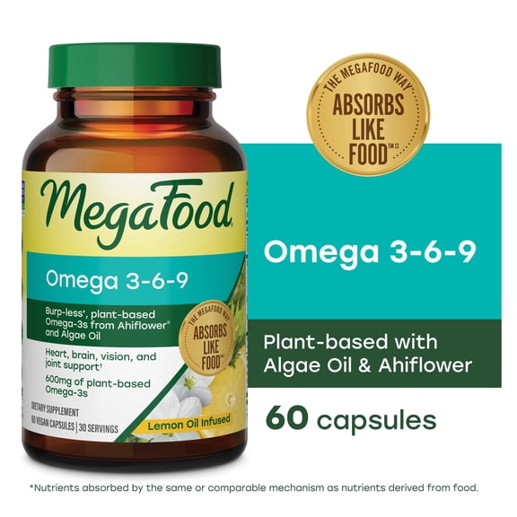 MegaFood Vegan Omega 3 6 9 - Burp-less - Heart, Brain, Vision, Joint Support - 30 Servings