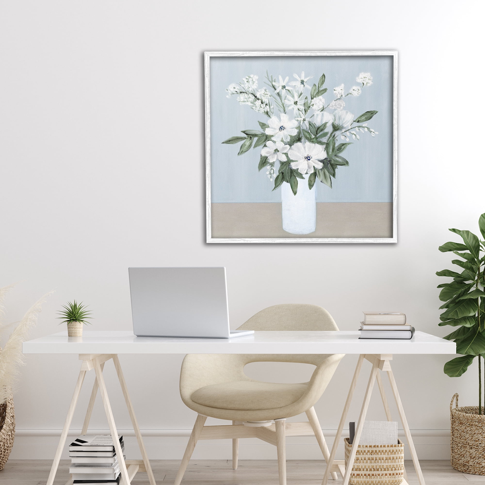 Stupell Industries Mixed White Blooms on Blue White Framed Giclee Art, design by Marilyn Dunlap