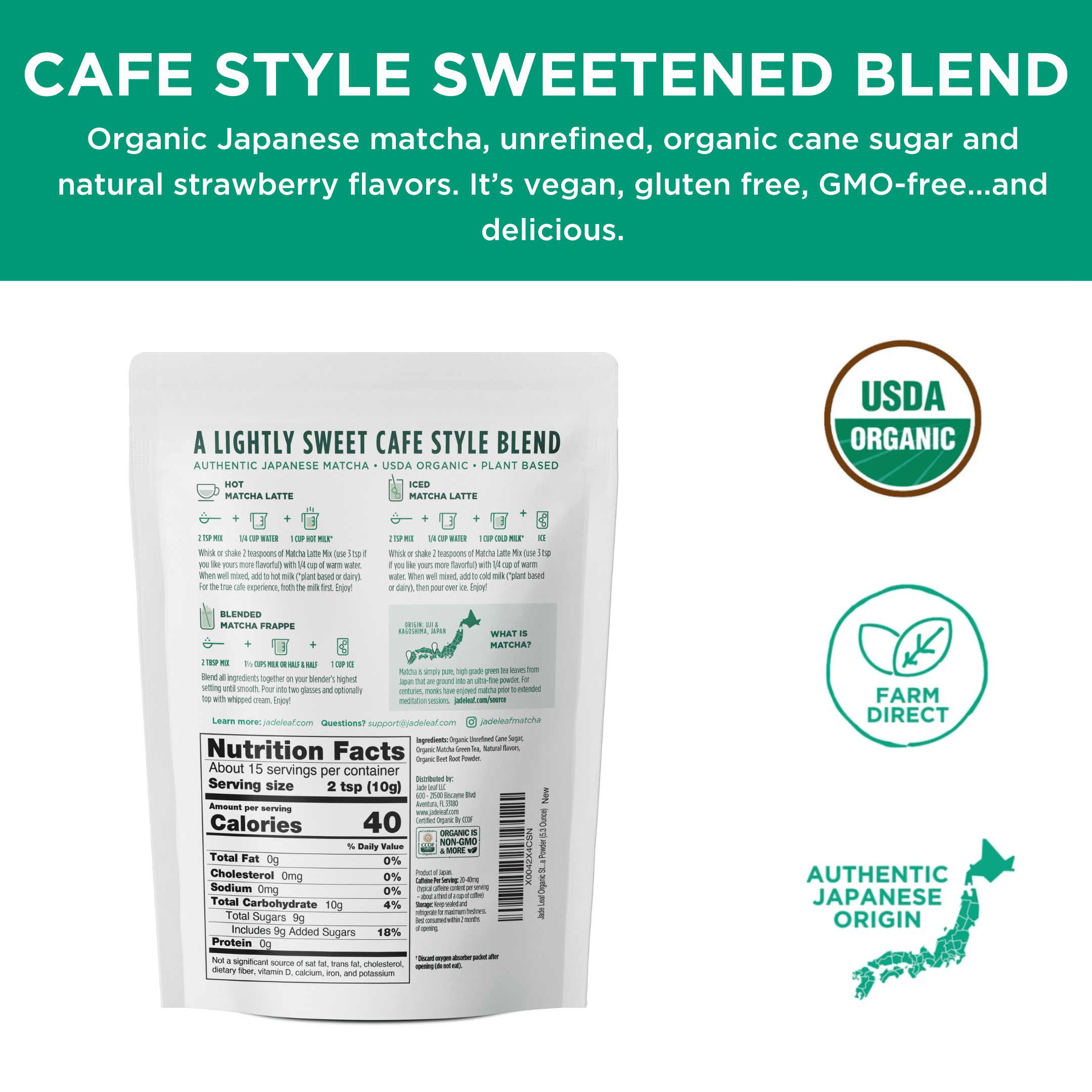 (3 pack) Jade Leaf Organic Matcha Latte Mix, Strawberry, Dairy-Free, 5.3 oz Pouch