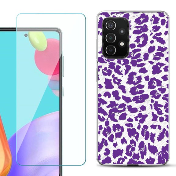 Slim-Fit Flexible Gel TPU Phone Case compatible with Samsung Galaxy A52 5G, with Tempered Glass Screen Protector, by OneToughShield ® - Cheetah Purple