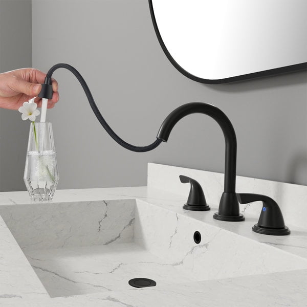 PARLOS Widespread 2-handle Pull Out Sprayer Bathroom Sink Faucet with 360 Swivel Spout,Matte Black