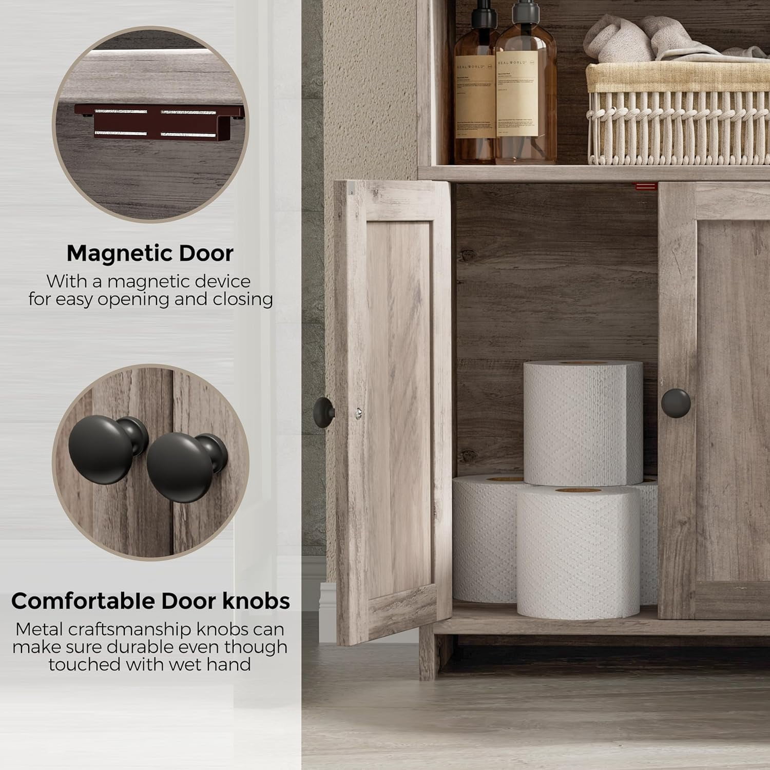 Small Bathroom Storage Cabinet, Freestanding Toilet Paper Storage with 2 Doors and Shelves, Bathroom Organizers and Storage for Small Spaces, Laundry Room, 7.9" D x 14.6" W x 31" H, Greige