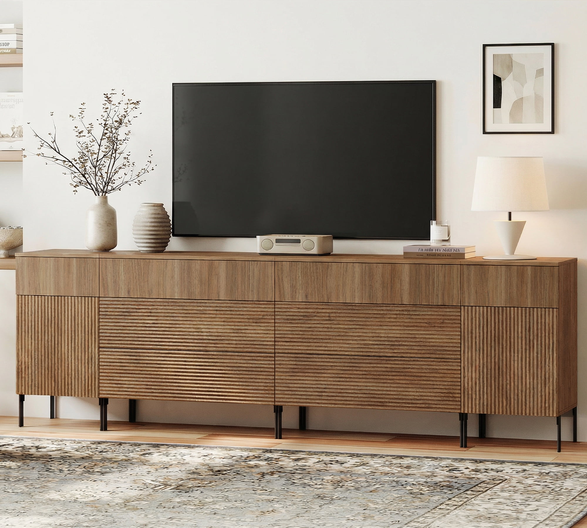 WAMPAT 94.5" 4-in-1 Fluted Dresser for Bedroom with Charging Station, Modern Wooden Chest of Drawers with Hidden Handles & 8 Drawers, Extra Long Dresser TV Stand Closet Storage Organizer, Brown