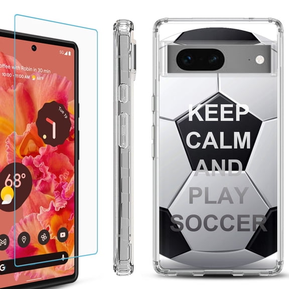 Shockproof Bumper Phone Case for Google Pixel 7, with Tempered Glass Screen Protector, by OneToughShield ® - Keep Calm Soccer