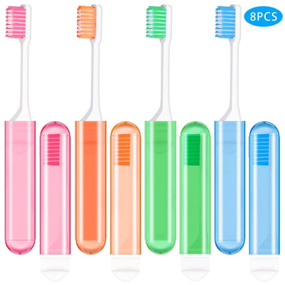 DISEN 8 Pieces Travel Toothbrush, Folding Toothbrush with Waterproof Box, Soft Bristles Potable Travel Size Toothbrush for Travel Camping School Home(4 colors)
