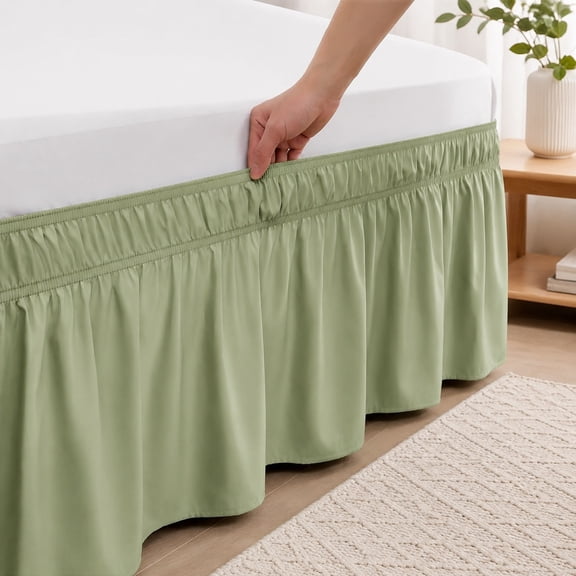 Easy to Install Wrap Around Sage Green Bed Skirt, Three Fabric Sides, Elastic Dust Ruffled, 16 Inch Tailored Drop, Fade Resistant - Queen
