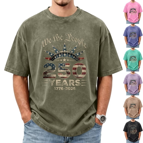 Mens Shirts USA 250th Anniversary Shirt for Men, 250 Anniversary Printed Short Sleeve T-Shirt American Flag Printed Patriotic Tee, 4th of July CrewNeck Short Sleeve Patriotic Men Tops Army Green L