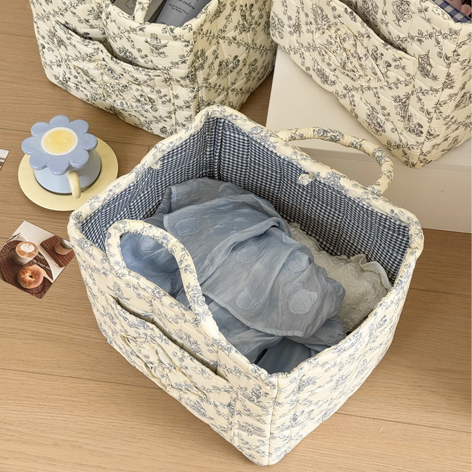 Quilted Fabric Storage Baskets with Handles Collapsible Quilted Fabric Organizer Bin, Decorative Floral Laundry Basket, Multi-Purpose Organizer Tote Bag for Home Picnic Shopping Travel
