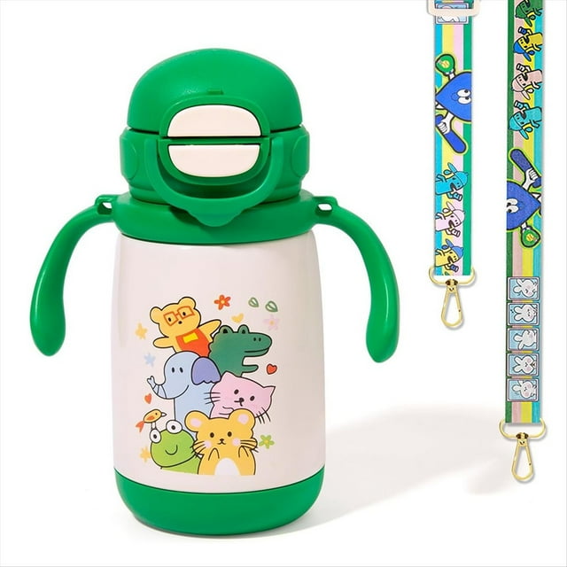 Botella de Agua Térmica para Niños de 13 Oz, con Pajita y Tapa con Boquilla, Correa para el Hombro y Asa, de Acero Inoxidable 316.