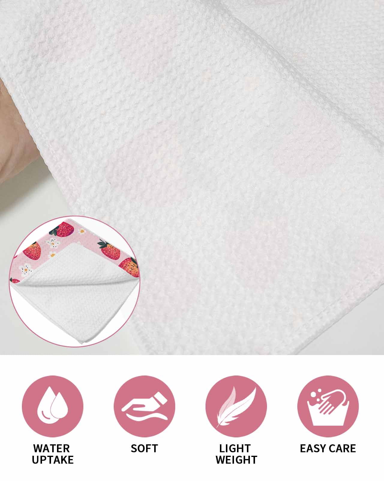 Strawberry Kitchen Dish Towels for Drying Dishes Set of 3, Pink Spring Summer Rustic Floral Fruit Waffle Weave Microfiber Terry Hand Tea Bathroom Towels Quick Dry & Absorbent Towel 15.7x23.6