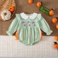 thumbnail image 2 of Staki Newborn Baby Girl Smocked Halloween Outfit Infant Plaid Bubble Romper Embroidery Fall Clothes 0-24M(Green,18-24 Months), 2 of 5