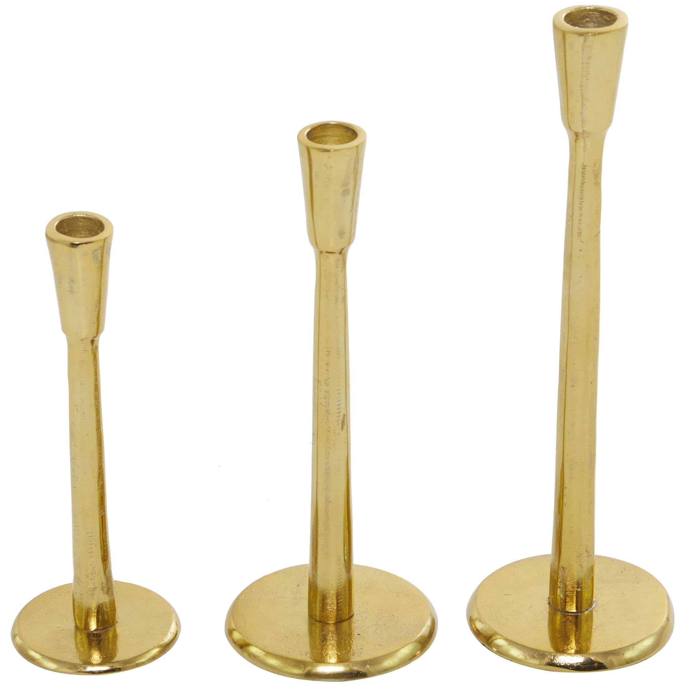 DecMode 3 Candle Gold Aluminum Metal Slim Candle Holder with Round Bases, Set of 3