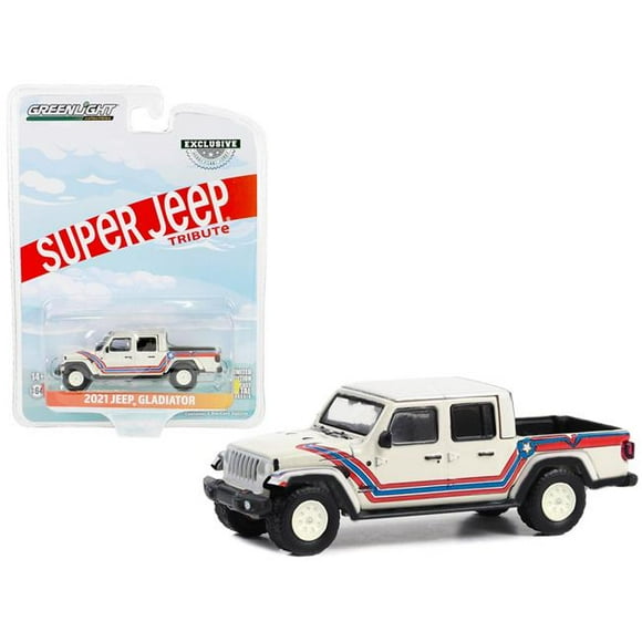 Greenlight 30382 2021 Jeep Gladiator Pickup Truck Super Jeep Tribute with Stripes Hobby Exclusive Series 1-64 Scale Diecast Model Car, White, Red & Blue