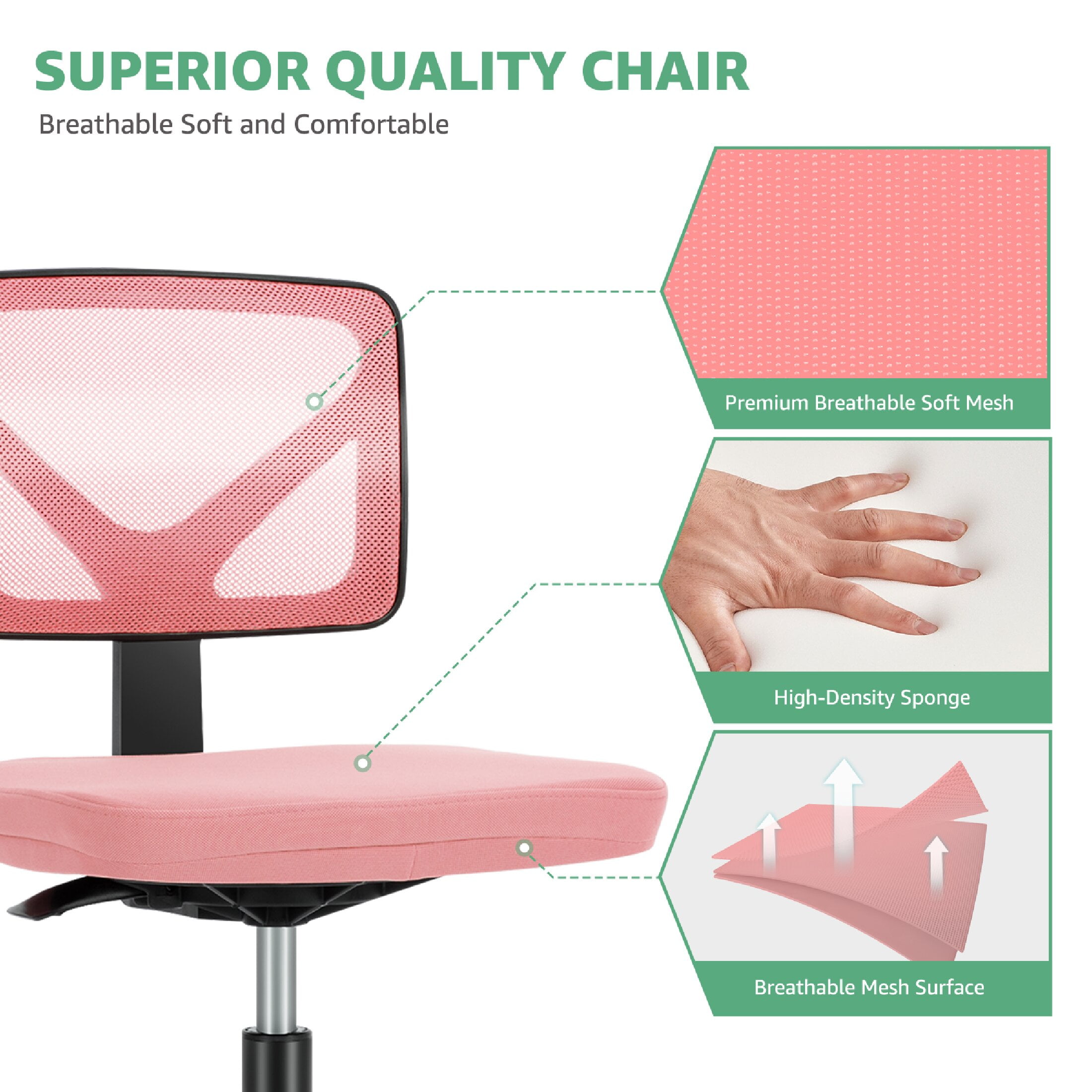CONCETTA Armless Office Computer Desk Chair, Ergonomic Low-Back Mesh Rolling Work Swivel Chairs with Wheels, Pink