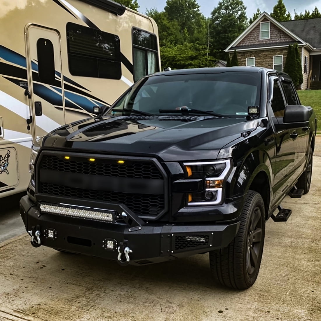 Vijay Compatible with 2015-2016-2017 Ford F150 Front Bumper Textured Black Steel with Lights and D-rings