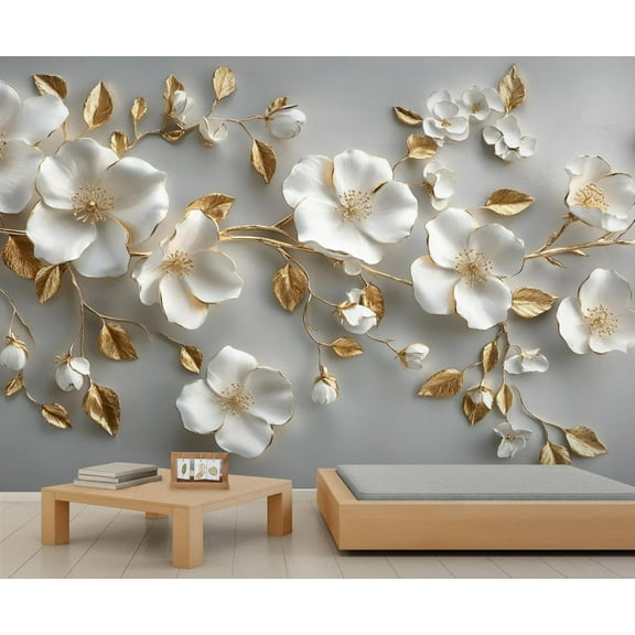Stereo White Flowers Wall Mural, Relief Gold Leaves 3D Wallpaper, Nordic Modern Luxury Wall Sticker Wall Decor For Bedroom Living Room Children's Room 59"W x 39.4"H (Not Peel and Stick)