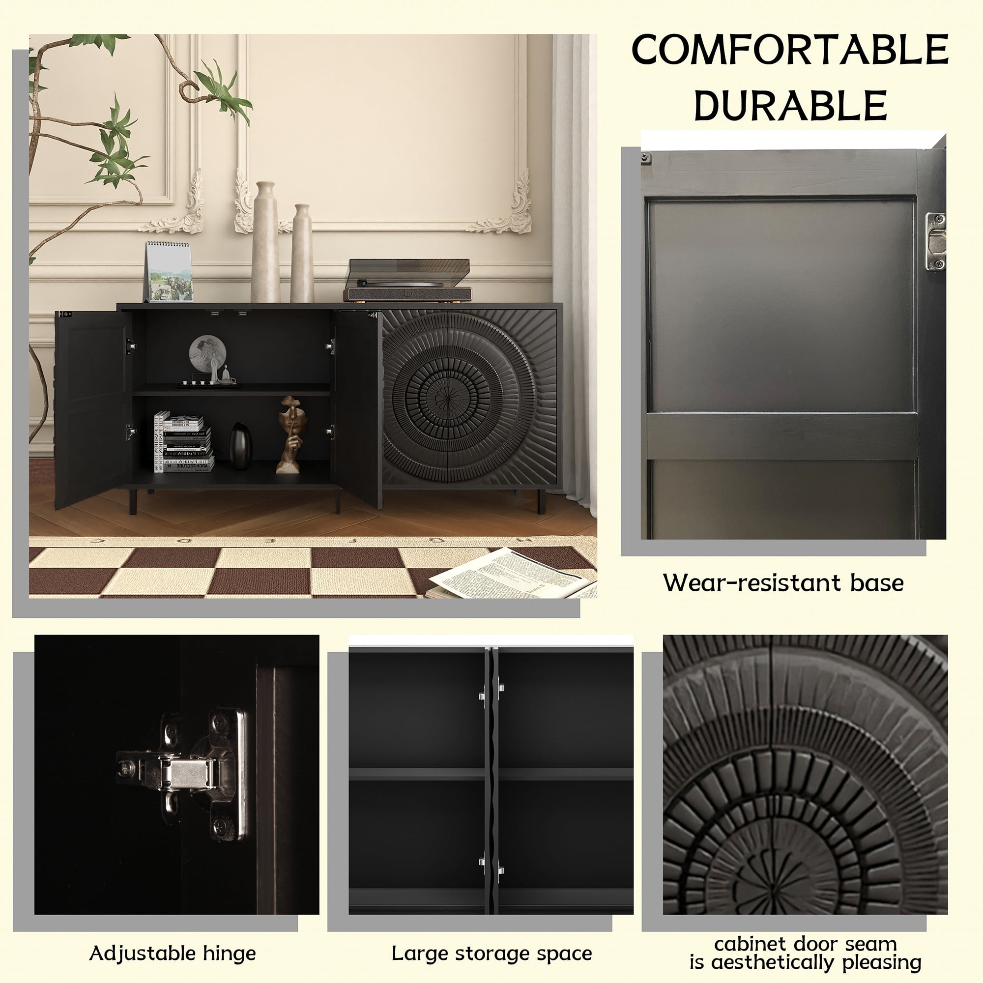 Homy Casa 60.3" Modern 4-Door Sideboard Buffet Cabinet with 3D Sunburst Front, Black